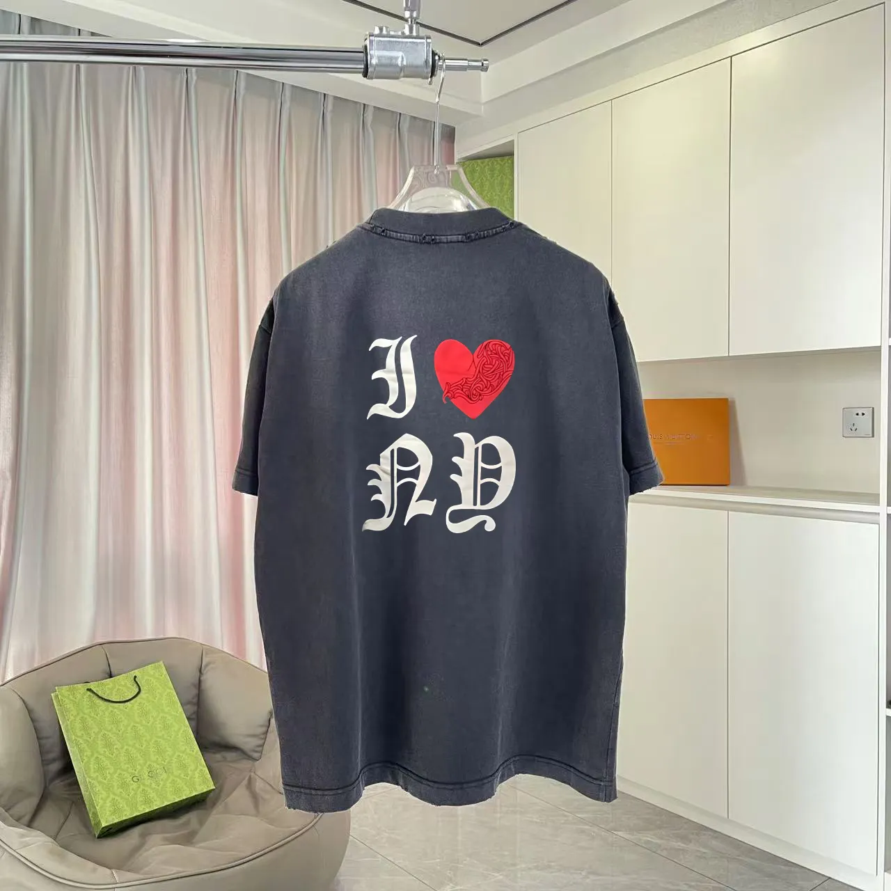 🅿️200 ch Crocodile* 2025 spring and summer new style, washed, worn, Sanskrit cross print, short-sleeved T-shirt, customized fabric 320g, same style for men and women, size: S M L XL XXL five codes, color: black gray